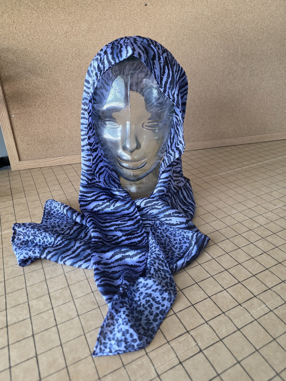 Vintage Elaine Gold 100% Silk Blue Leopard Zebra Scarf Animal Print